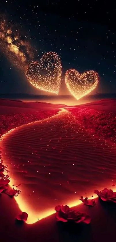 Romantic starry night with glowing hearts and winding luminous path.