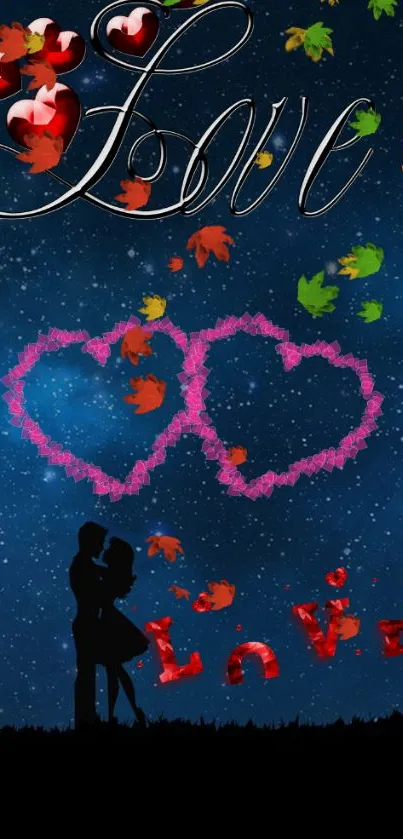 Romantic wallpaper with stars, hearts, and a couple in silhouette.