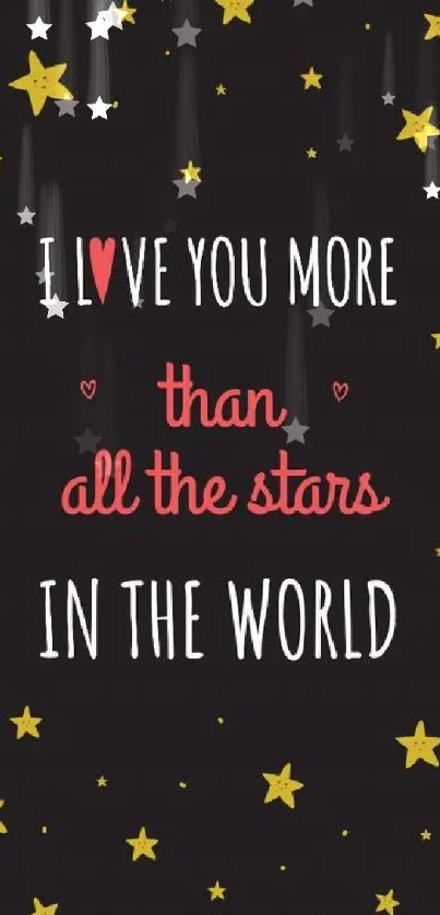 Romantic wallpaper with stars and love quote on a black background.