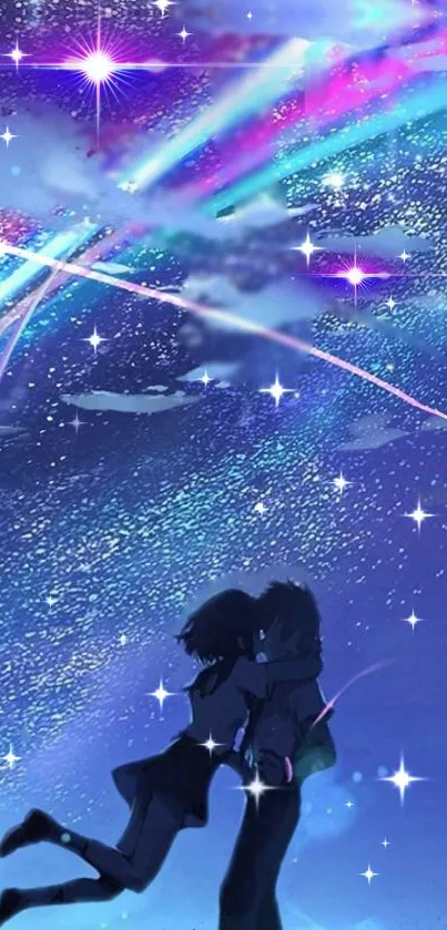 Romantic couple in a starry night sky with vibrant cosmic colors.