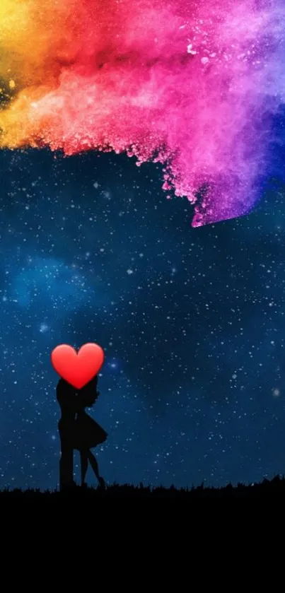 Romantic silhouette under a colorful night sky with a heart-shaped symbol.