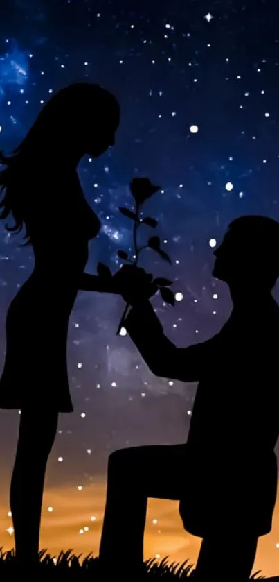 Silhouette of couple proposing under a starry night sky.