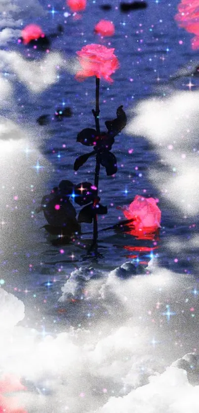 Pink roses floating under starry night clouds.