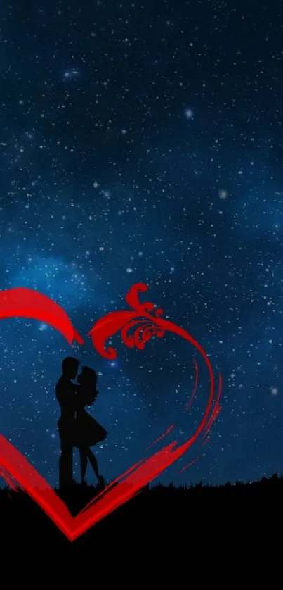 Romantic couple silhouette under a vibrant starry night sky with a heart design.