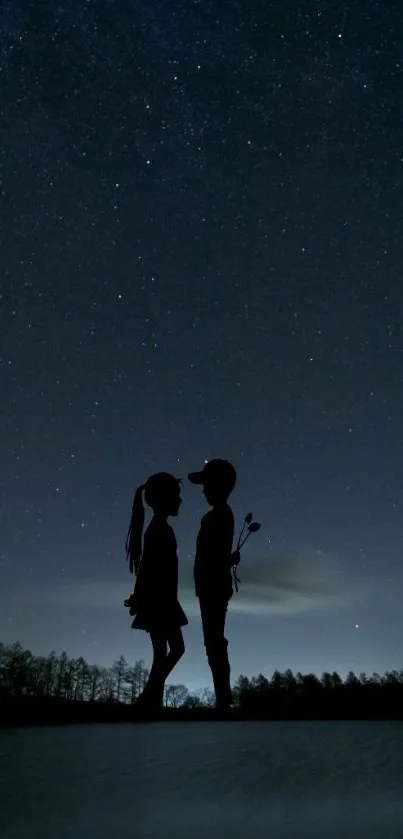 Silhouette of couple under starry night sky.