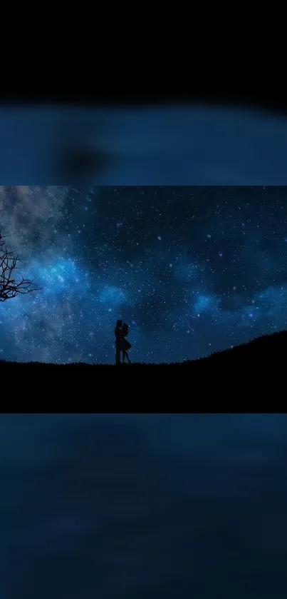 Silhouetted couple under starry night sky wallpaper.