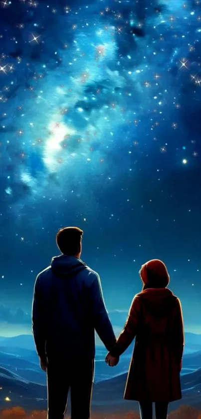 Couple under a starry night sky holding hands, gazing at the Milky Way.