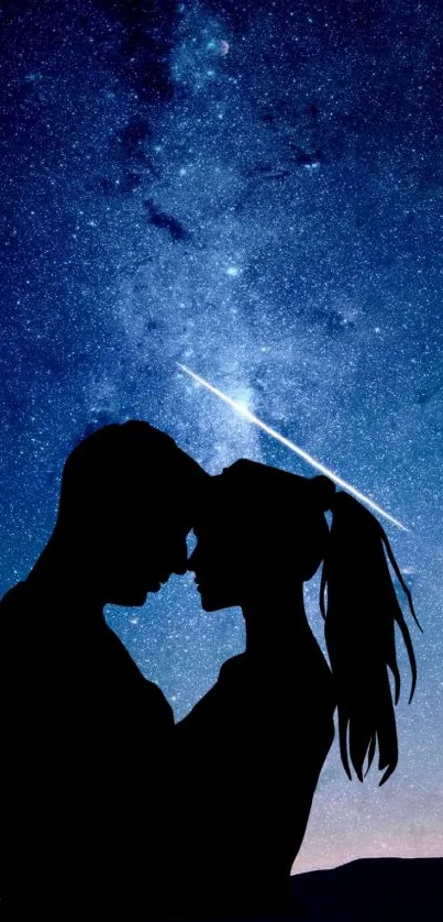 Silhouetted couple under starry night sky with shooting star.