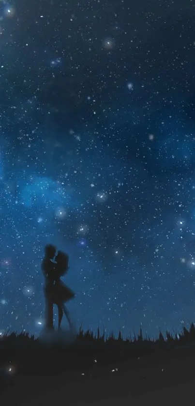 Couple silhouette against a starry night sky wallpaper.