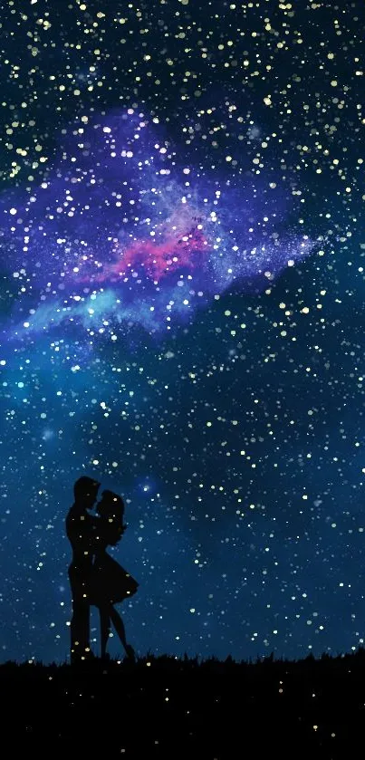 Silhouette couple under starry sky wallpaper.