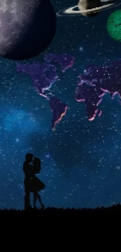 Silhouette of couple under starry night sky with planets and galaxy elements.