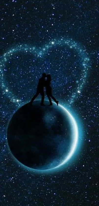 Silhouette couple on a planet with heart-shaped stars in a galaxy.