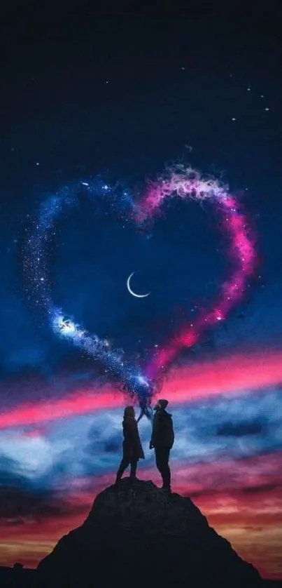 Romantic silhouette under a starry night with heart-shaped luminescence.