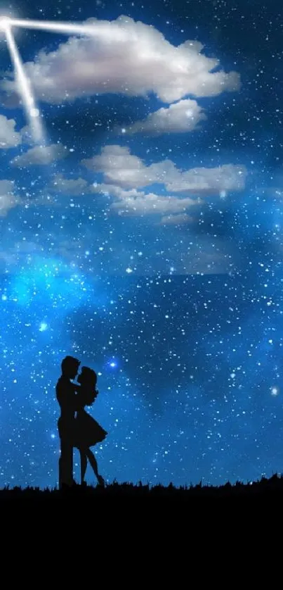 Silhouetted couple under a starry night sky wallpaper.