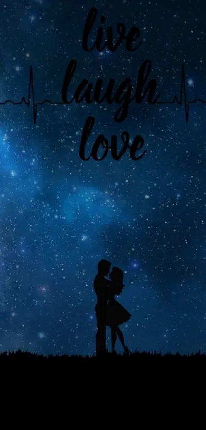 Romantic couple silhouette under a starry night sky, conveying love and tranquility.