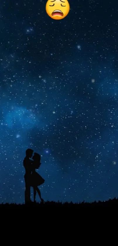 Silhouetted couple under a starry night sky with emoji moon.