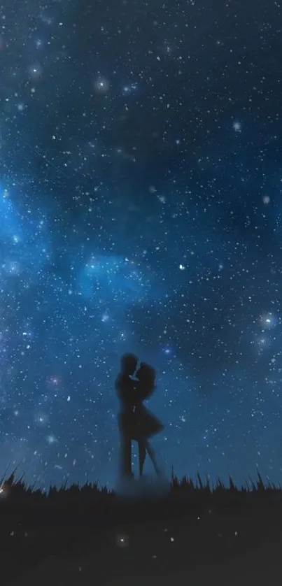 Romantic silhouette under a starry night sky mobile wallpaper.