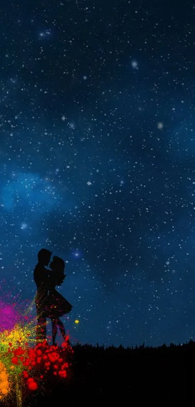 Romantic silhouette under a star-filled night sky with vibrant colors.