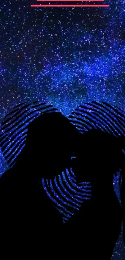 Starry night with couple silhouette and blue heart.