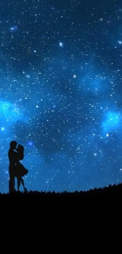 Silhouette couple under a starry night sky, surrounded by a glowing galaxy.