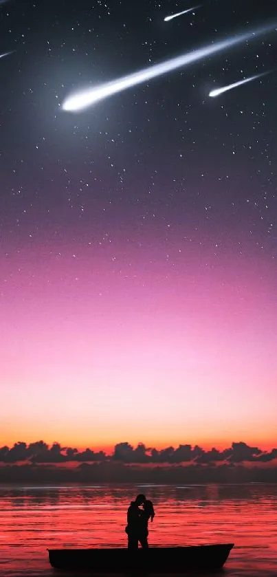 Couple in a boat under a starry sky with shooting stars and a glowing sunset.