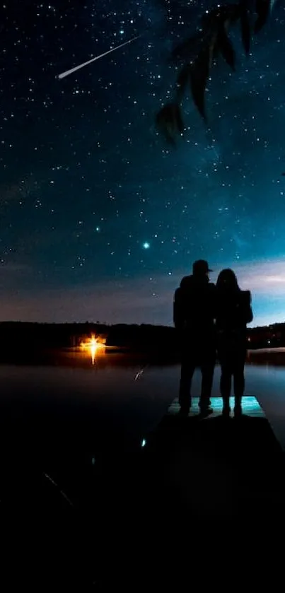 Silhouette couple under a starry night by the lake.