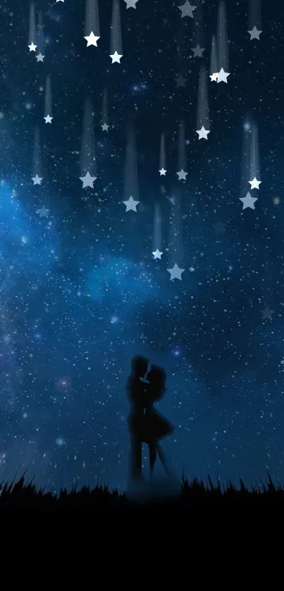 Silhouetted couple under a starry night sky with falling stars.