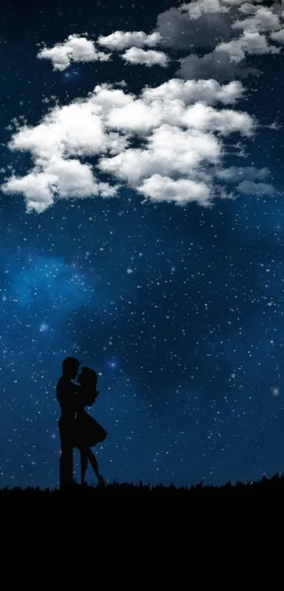 Silhouette of couple under a starry night sky with lone tree.