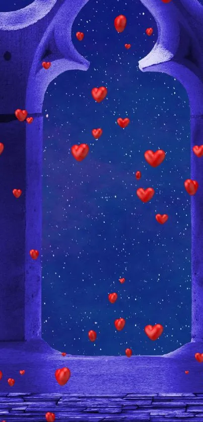 Purple starry night with floating red hearts wallpaper.