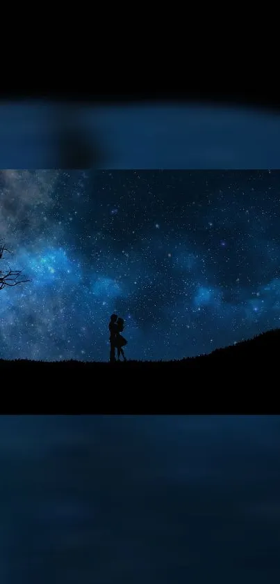 Silhouette of couple under a starry night sky with cosmic background.