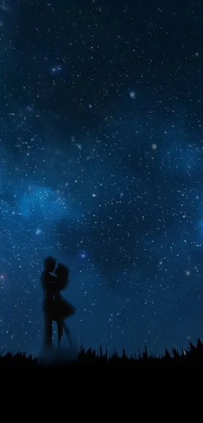 Silhouette couple kissing under a star-filled night sky.