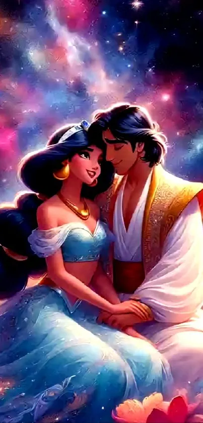 Couple in love under a starry sky with enchanting colors.