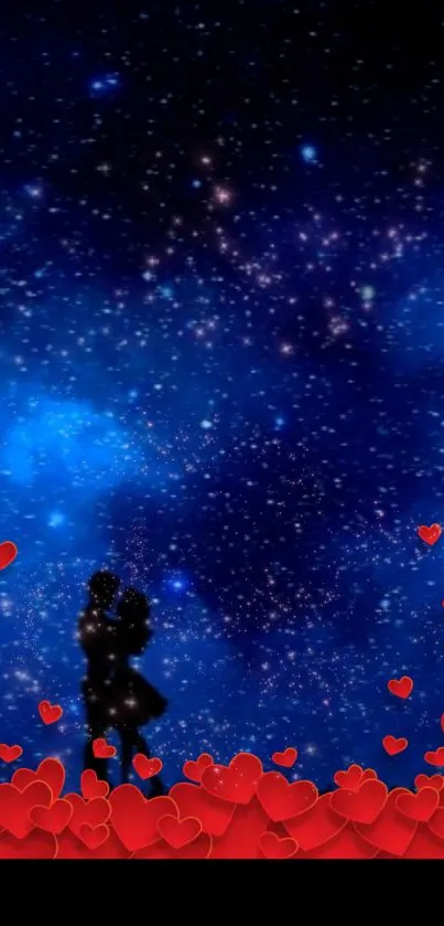 Silhouetted couple under a starry sky with red hearts.