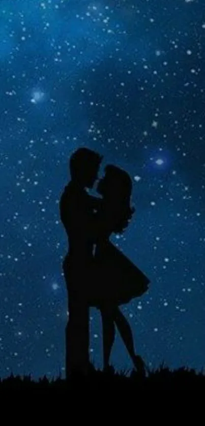 Silhouetted couple under a starry night sky, creating a romantic ambiance.