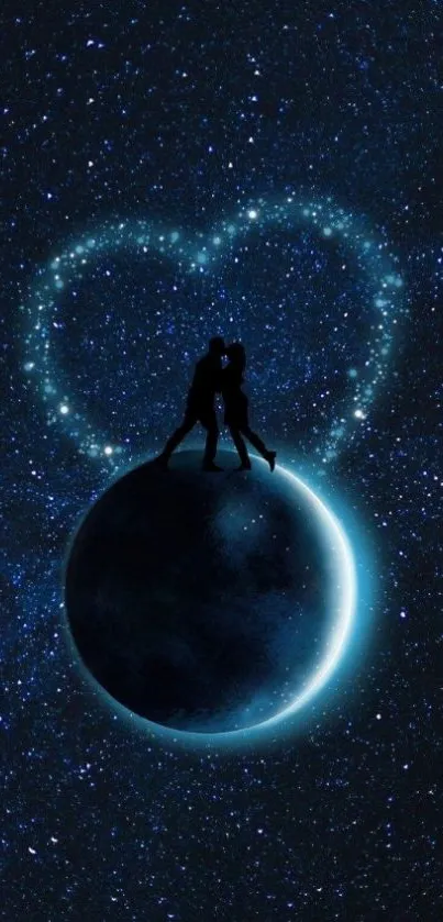 Romantic couple silhouetted on planet with starry heart in dark night sky