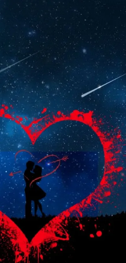 Romantic scene with a red heart on a starry night.