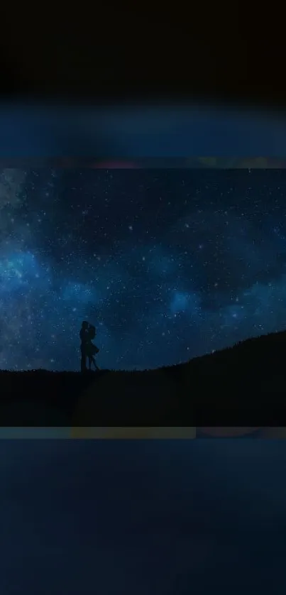 Silhouette of a couple under a starry night sky with a romantic ambiance.