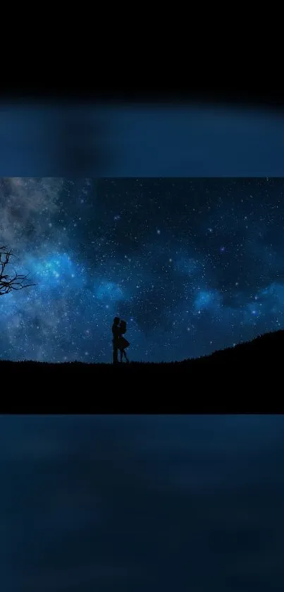 Romantic couple silhouette under starry night sky wallpaper.