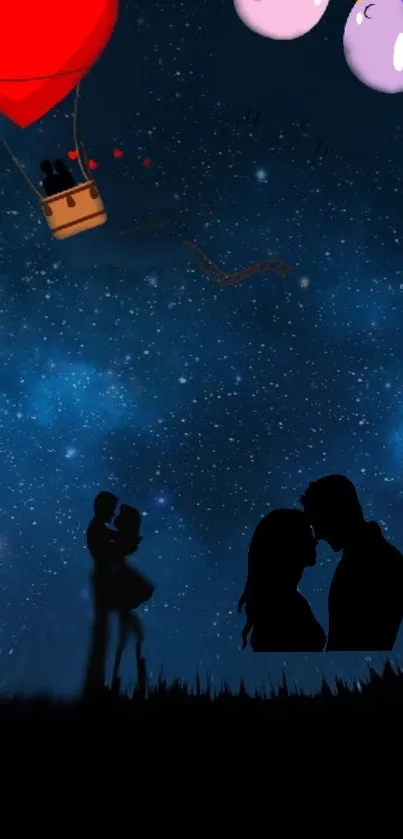 Romantic silhouette couples under a starry night sky with a red hot air balloon.