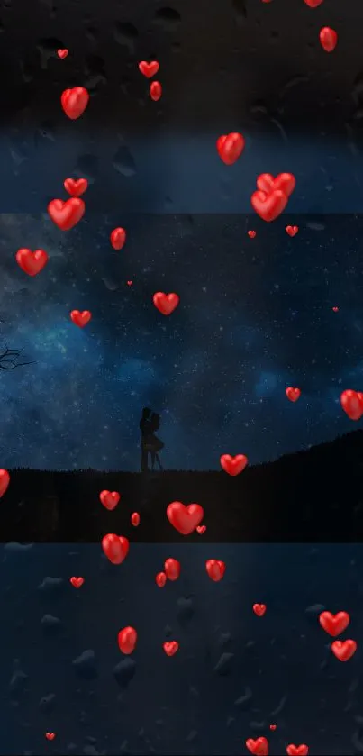 Silhouette of a couple under a starry sky with red hearts falling.