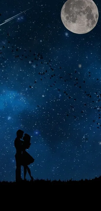 Romantic starry night with a silhouetted couple under the moon.