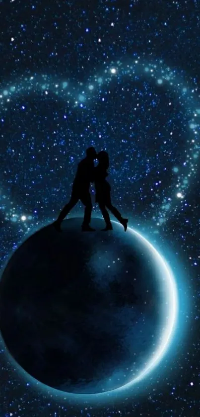 Silhouetted couple on a starry planet with a heart-shaped star pattern.