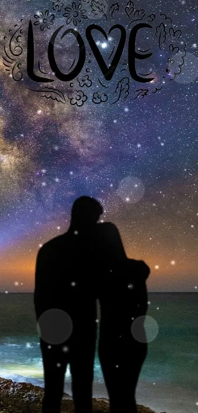 Silhouetted couple by starry ocean night.