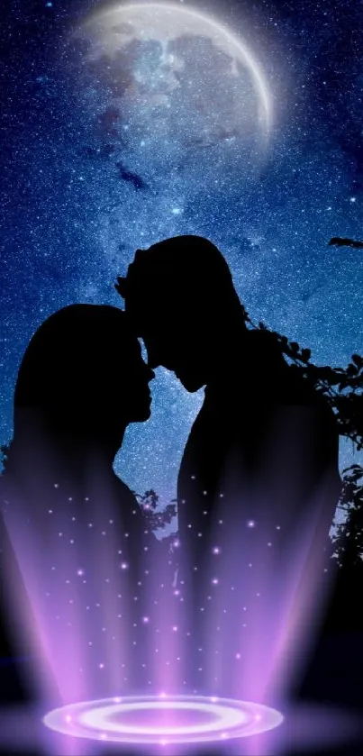 Silhouetted couple under a starry night sky with a glowing purple aura.