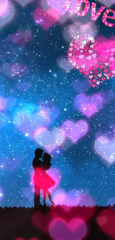 Silhouette couple under starry sky with pink heart bokeh.