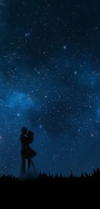 Silhouette couple under a starry night sky, romantic wallpaper.