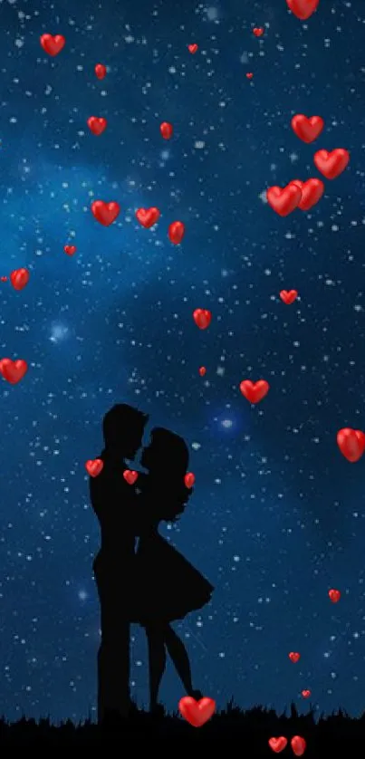 Silhouetted couple under a starry galaxy night sky.