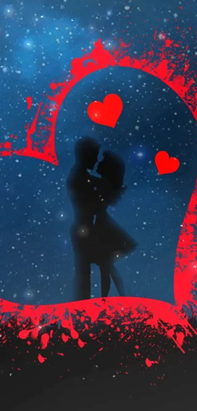 Romantic couple silhouette with hearts against a starry blue night sky.