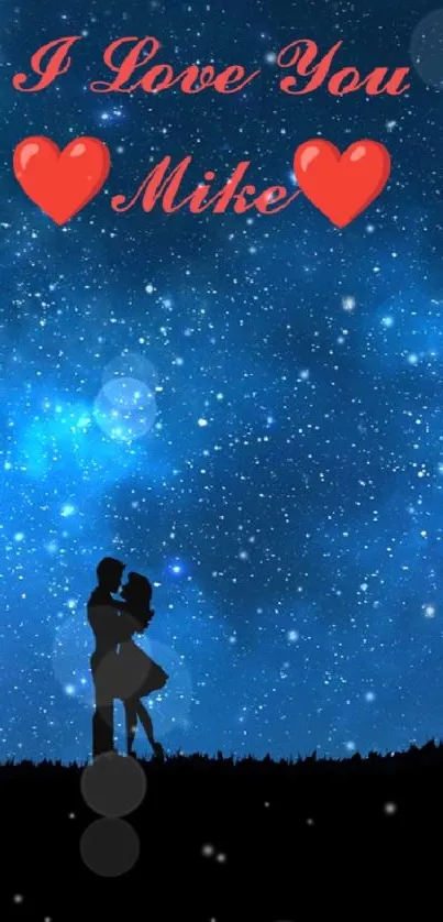 Silhouette couple under starry sky with heartfelt text and hearts.