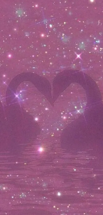 Romantic swans forming a heart with stars in a pink night sky.